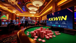 Experience the excitement of KKWIN at a luxurious casino with vibrant gaming elements and promotions.