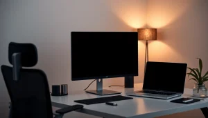 Black screen (pantalla negra) application displayed on modern workspace monitors.