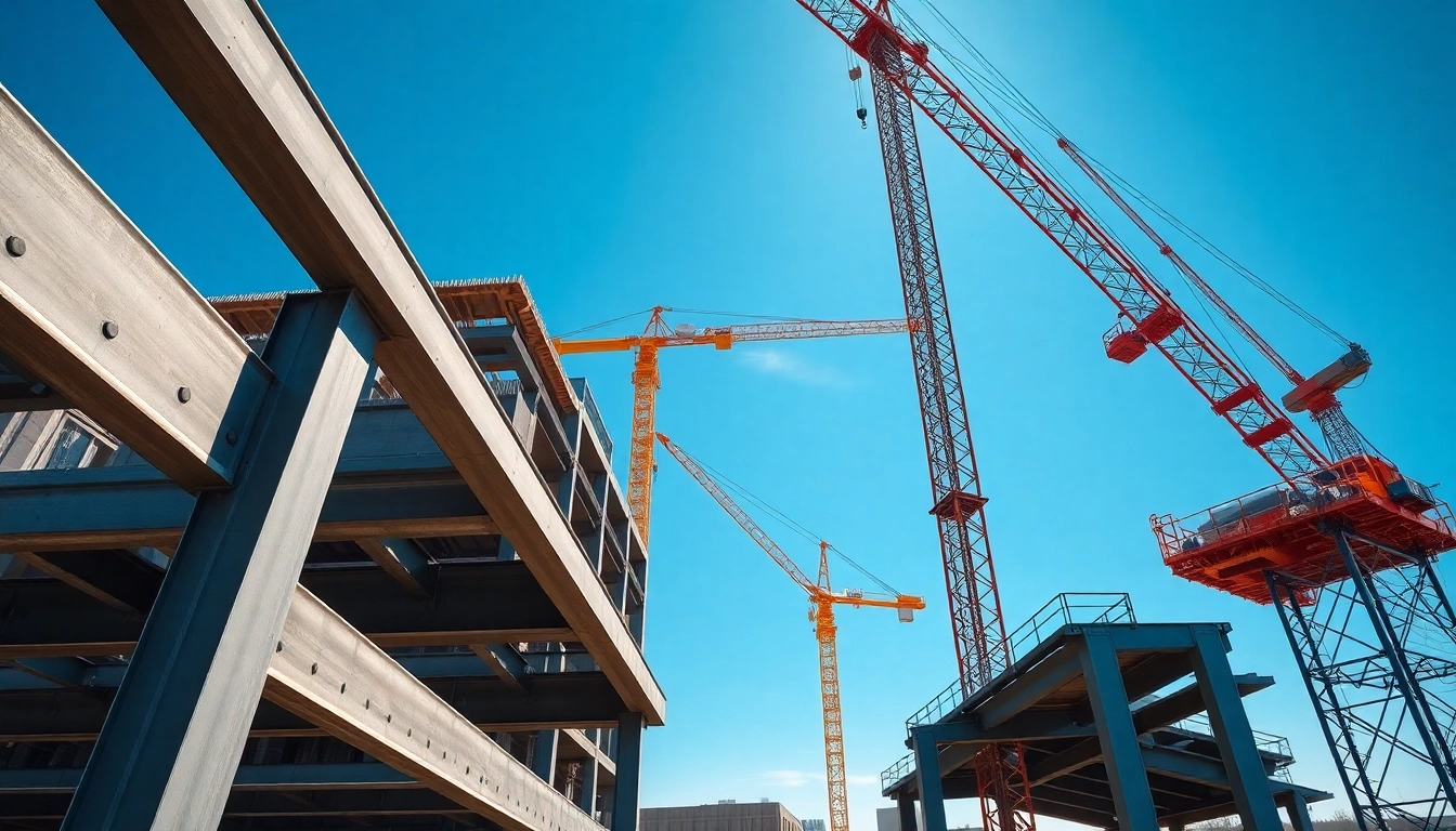 Engaging view of vibrant structural steel fabrication in action at a construction site.