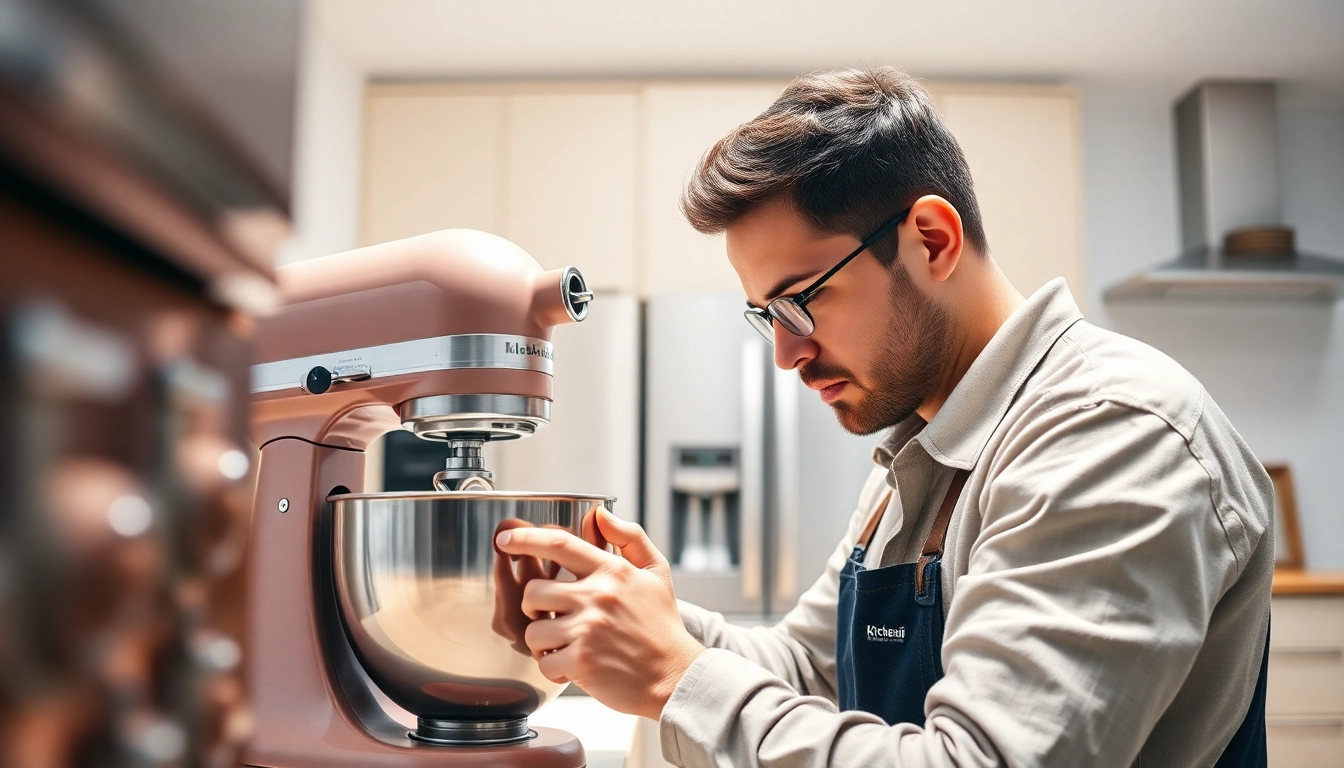 Technician performing kitchenaid appliance repair ottawa in a bright kitchen environment.
