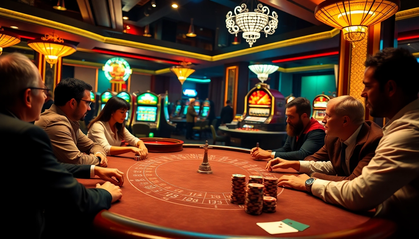 Engaging scene of players at a gaming table using Tool xổ số siêu tốc in a vibrant casino atmosphere