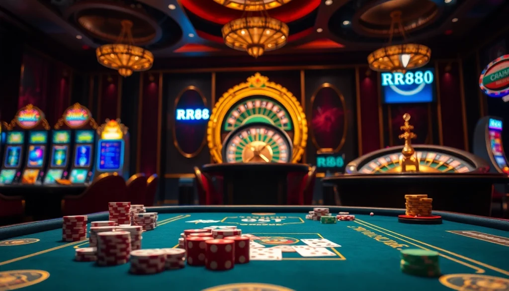 Players engaging in a thrilling game at RR88's luxurious casino tables, showcasing excitement and opportunity.