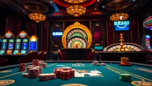 Players engaging in a thrilling game at RR88's luxurious casino tables, showcasing excitement and opportunity.