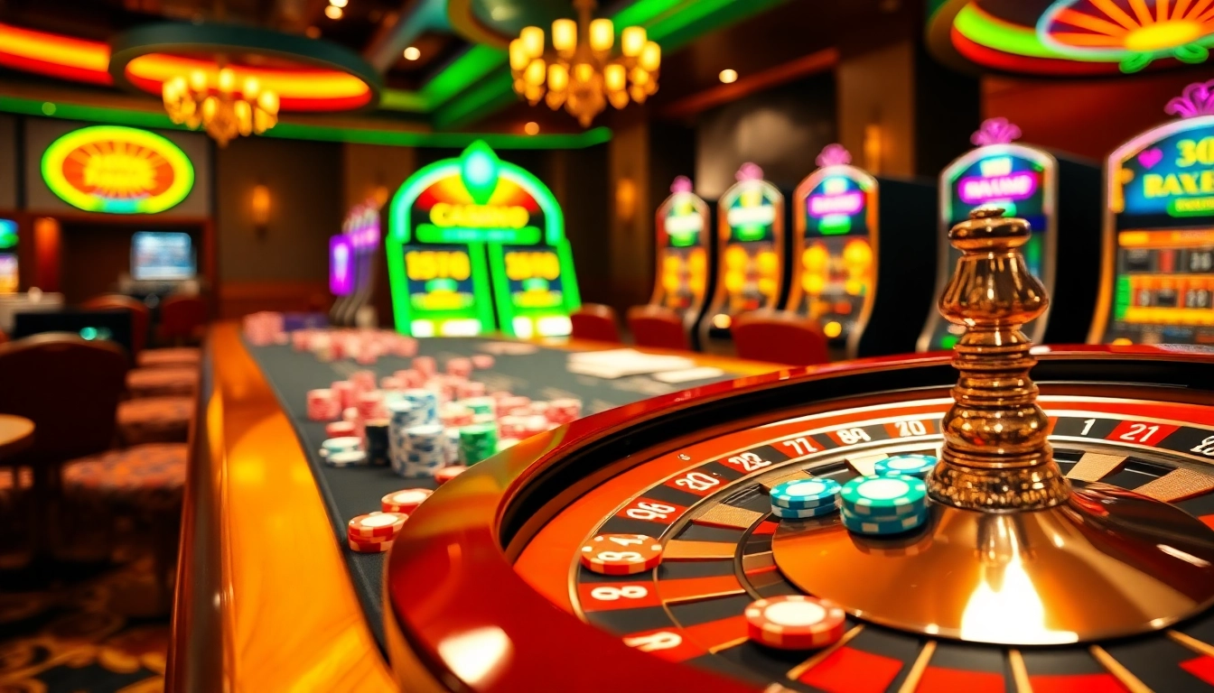 Experience excitement at XX88 with vibrant slot machines, a roulette wheel, and poker chips.