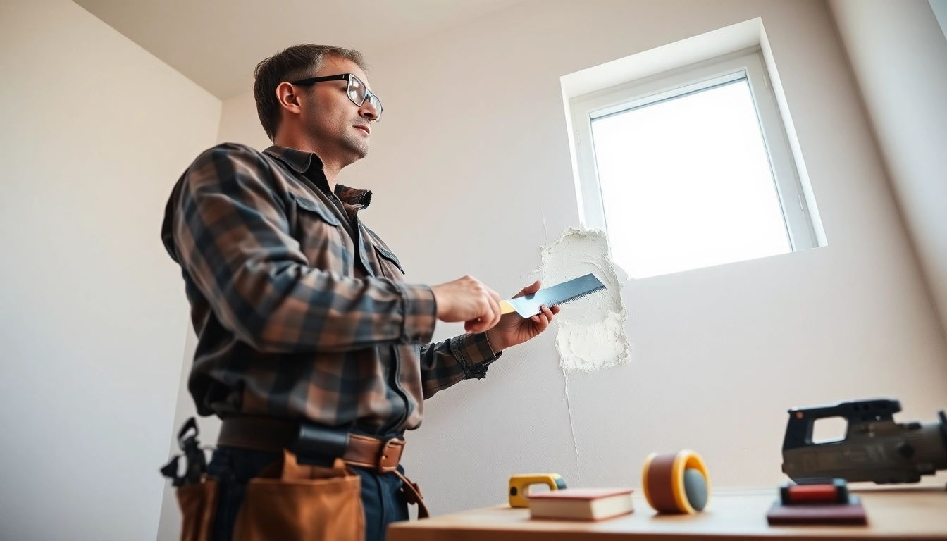 Drywall repair in progress, with a handyman applying joint compound to a wall.