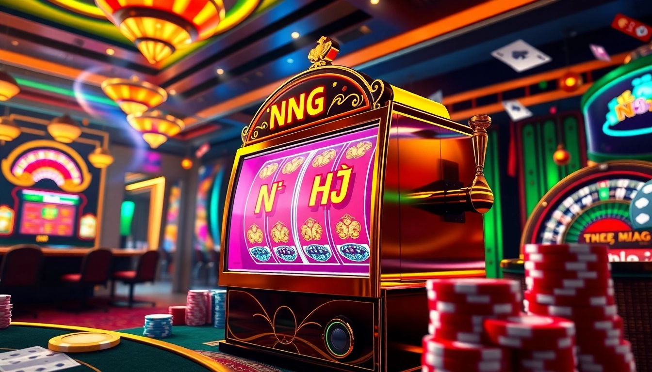 Spin the vibrant "Nổ Hũ" slot machine surrounded by colorful casino chips and tables.