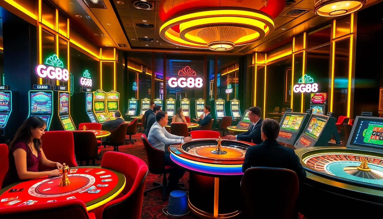 GG88 players enjoying a luxurious gaming experience at modern casino tables with vibrant decor.
