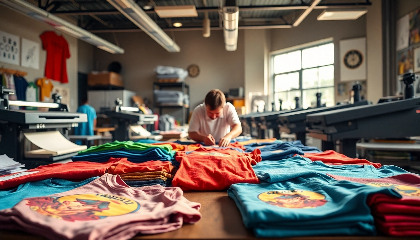 Engaging t shirt printing Edmonton scene showcasing vibrant custom designs being printed.