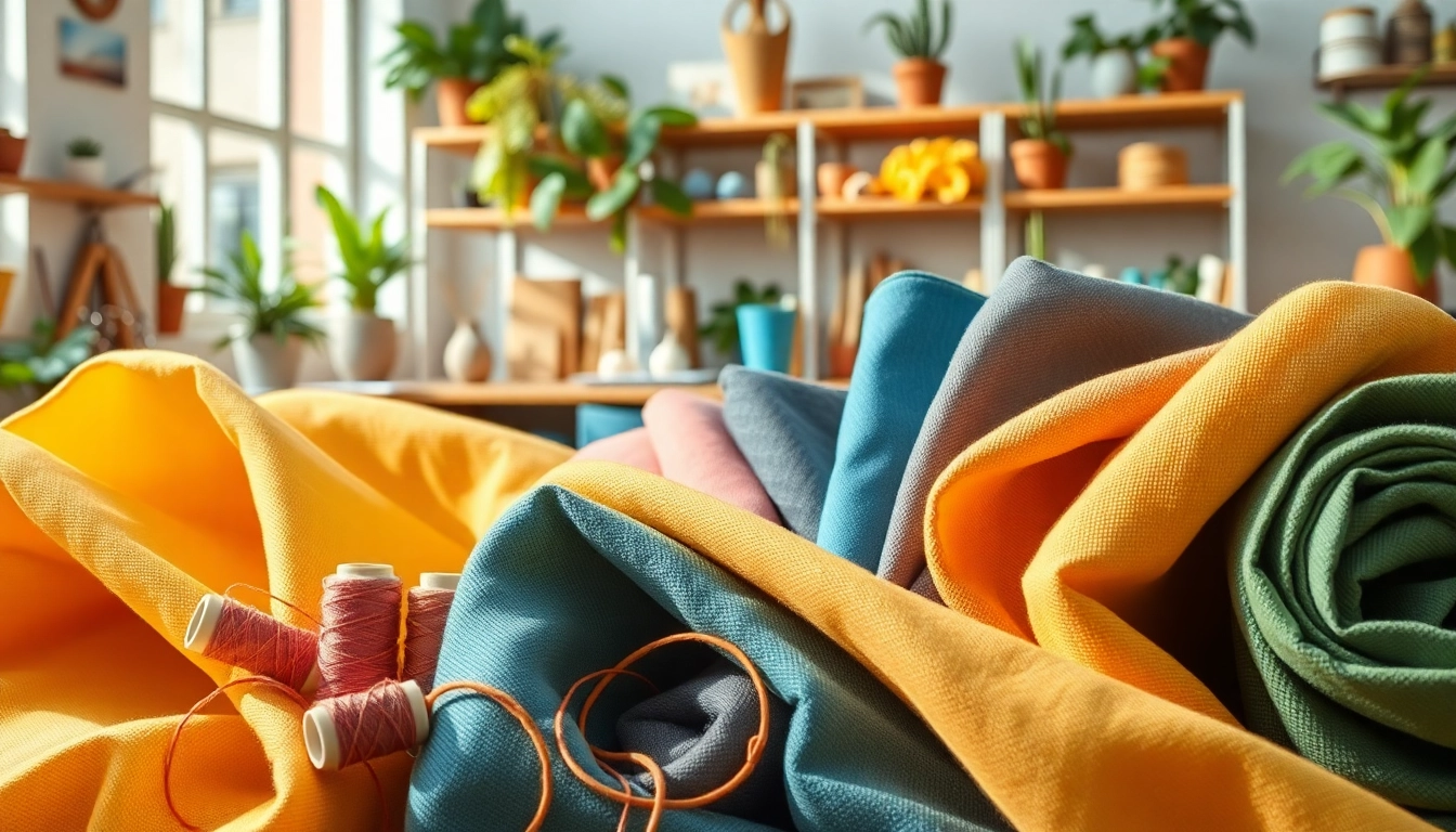 Katoenen canvasstof van diverse kleuren en texturen in een creatieve werkruimte.