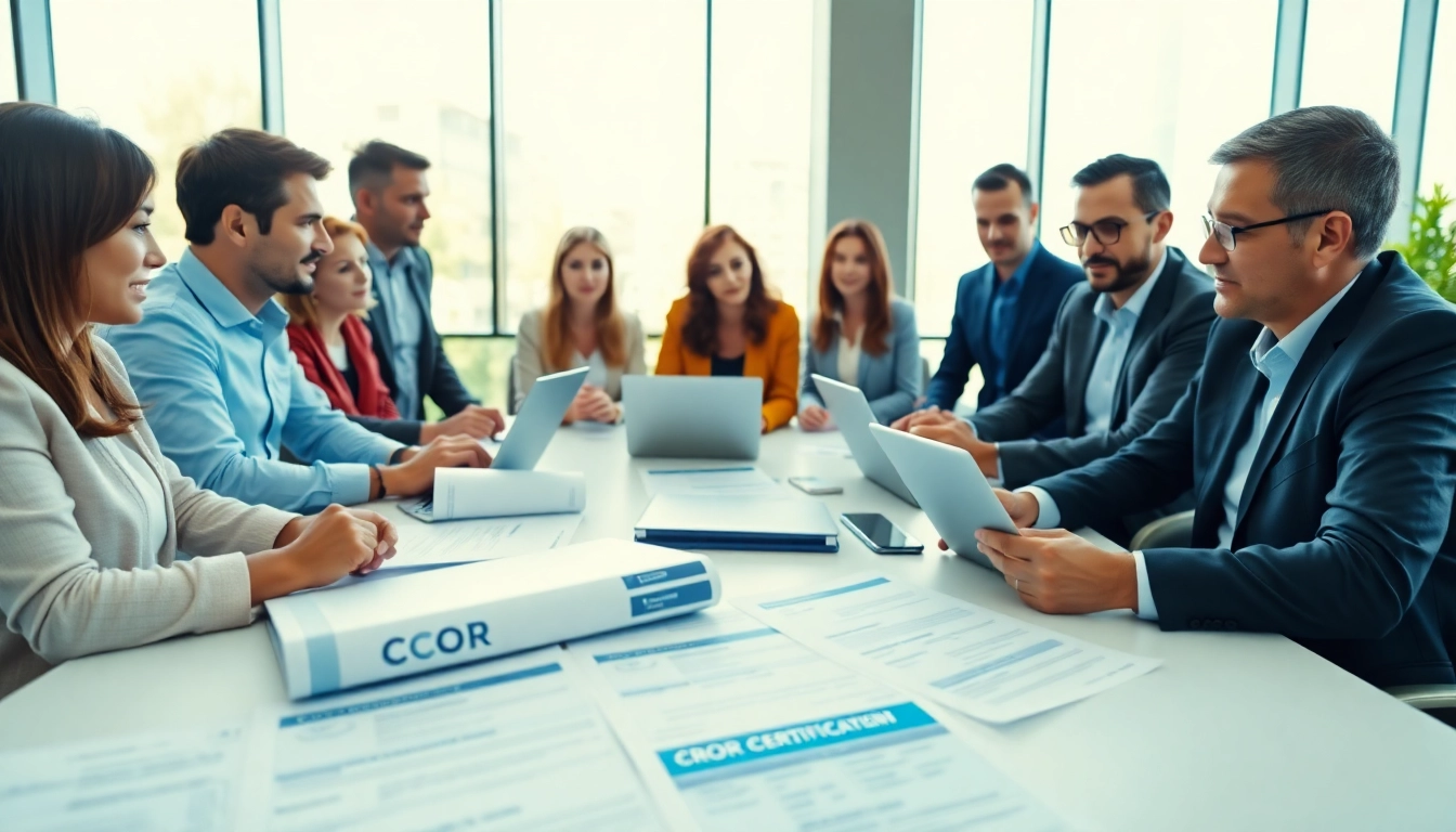 Discussing cror certification in a professional setting with documents and laptops on a table.