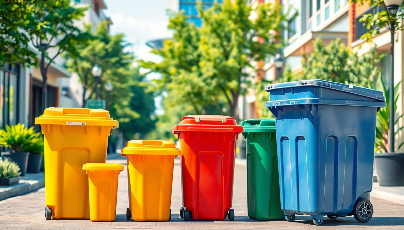 Promote garbage bins rental services with eco-friendly options and organized urban settings.