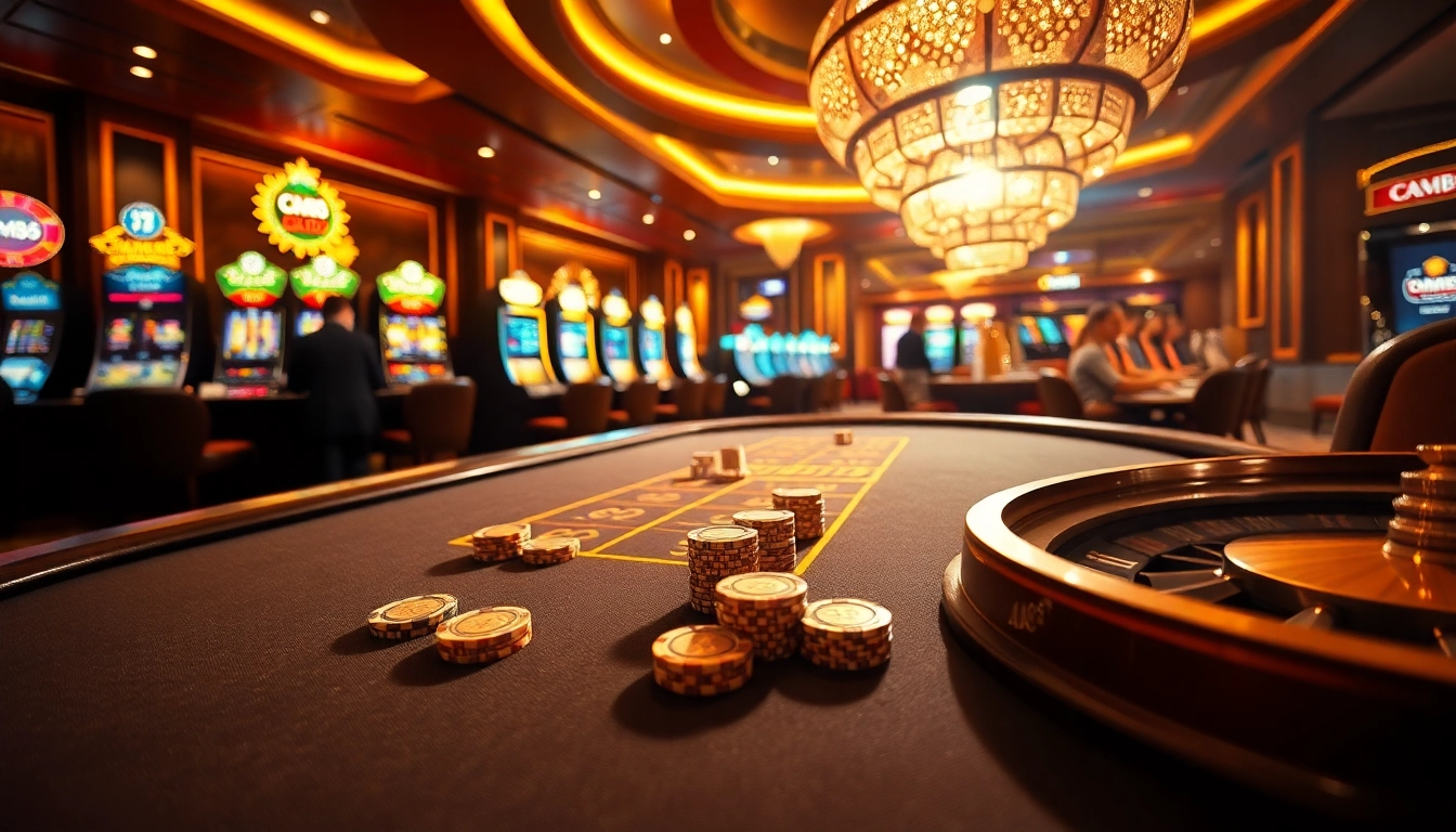 Exciting CM88 casino scene with poker players at a vibrant table and roulette wheel.