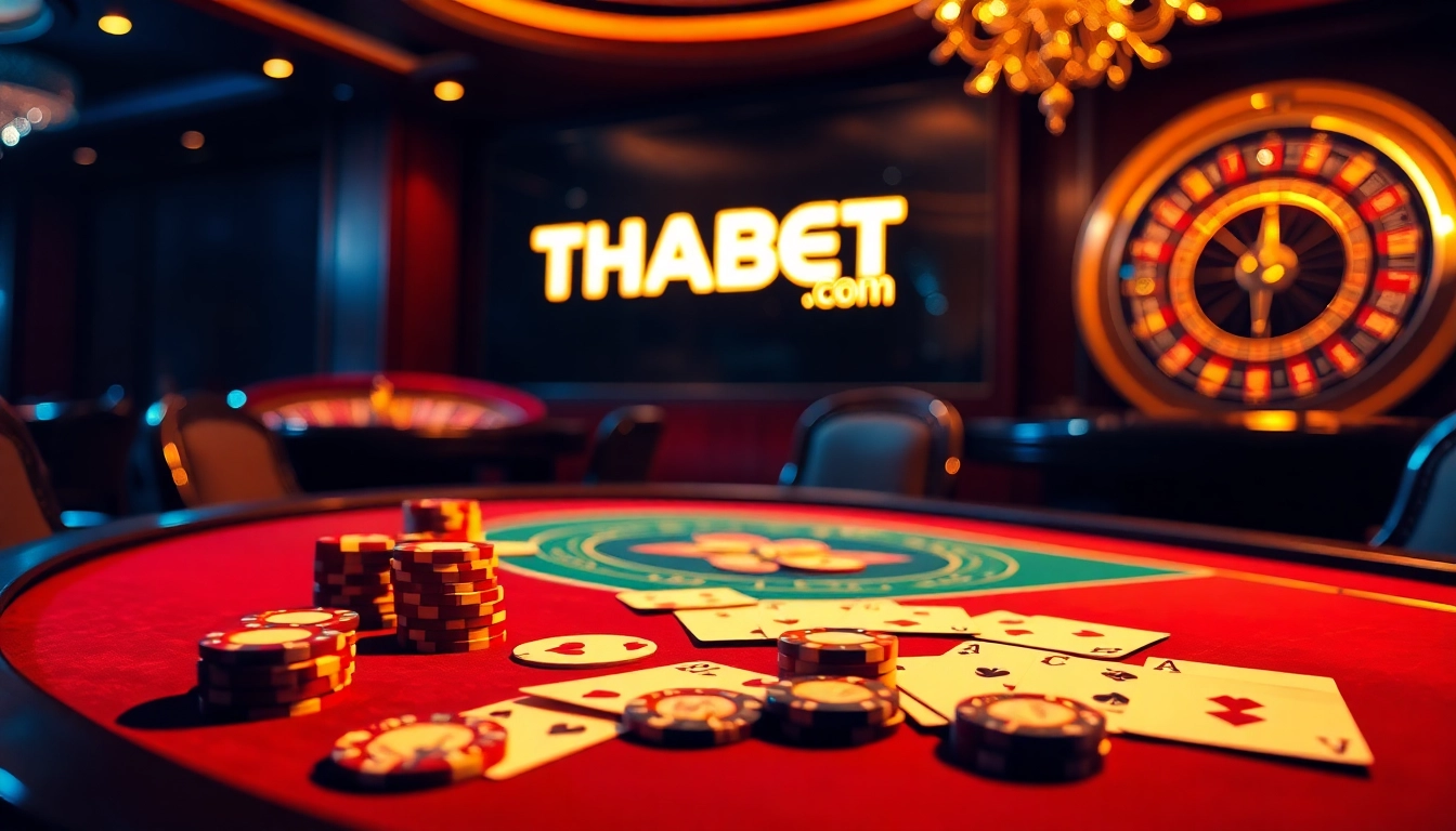 Thrilling poker action at thabet com with luxurious chips and cards on a casino table.