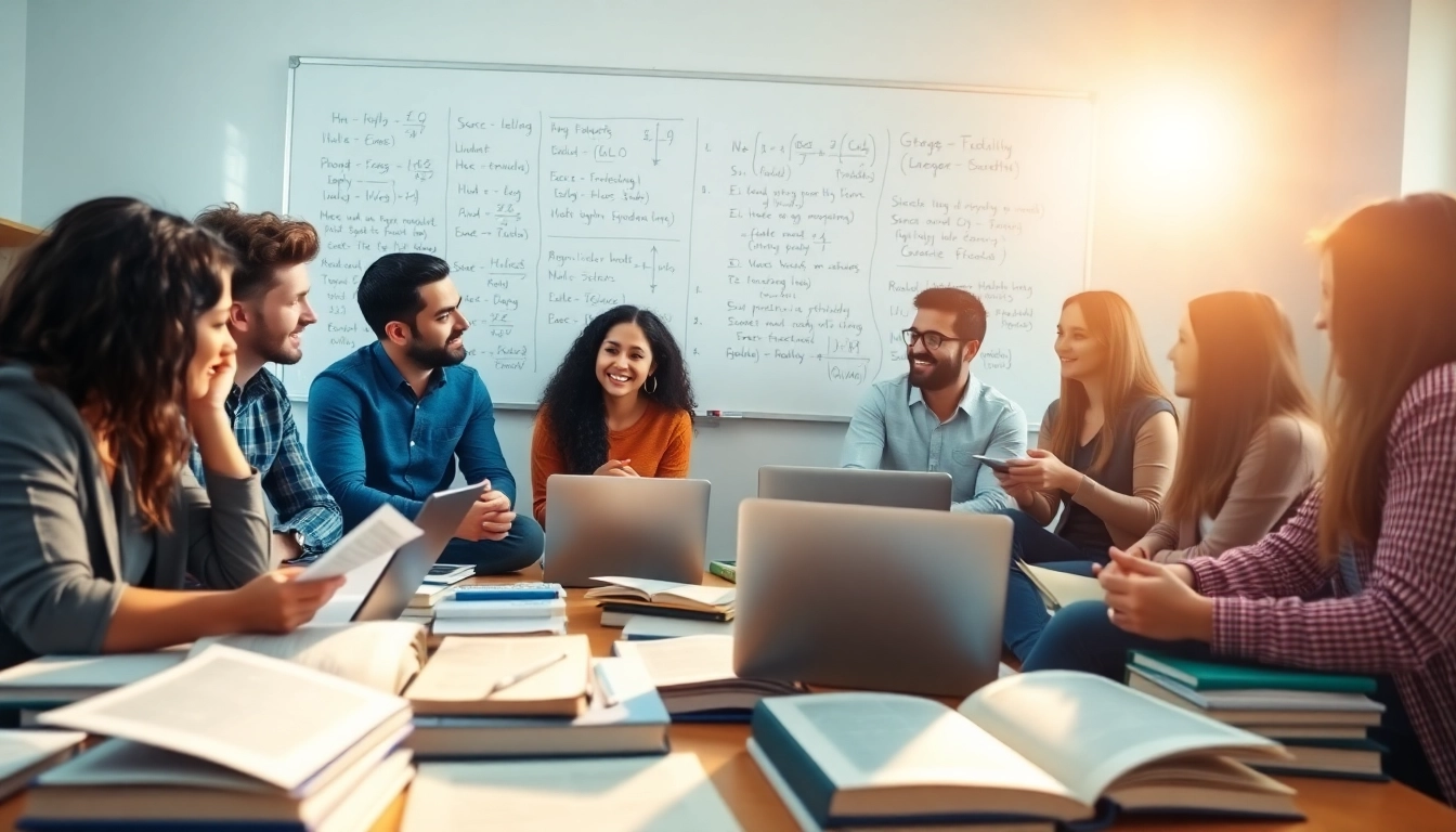 Students collaborating for exam assistance in a vibrant study environment.