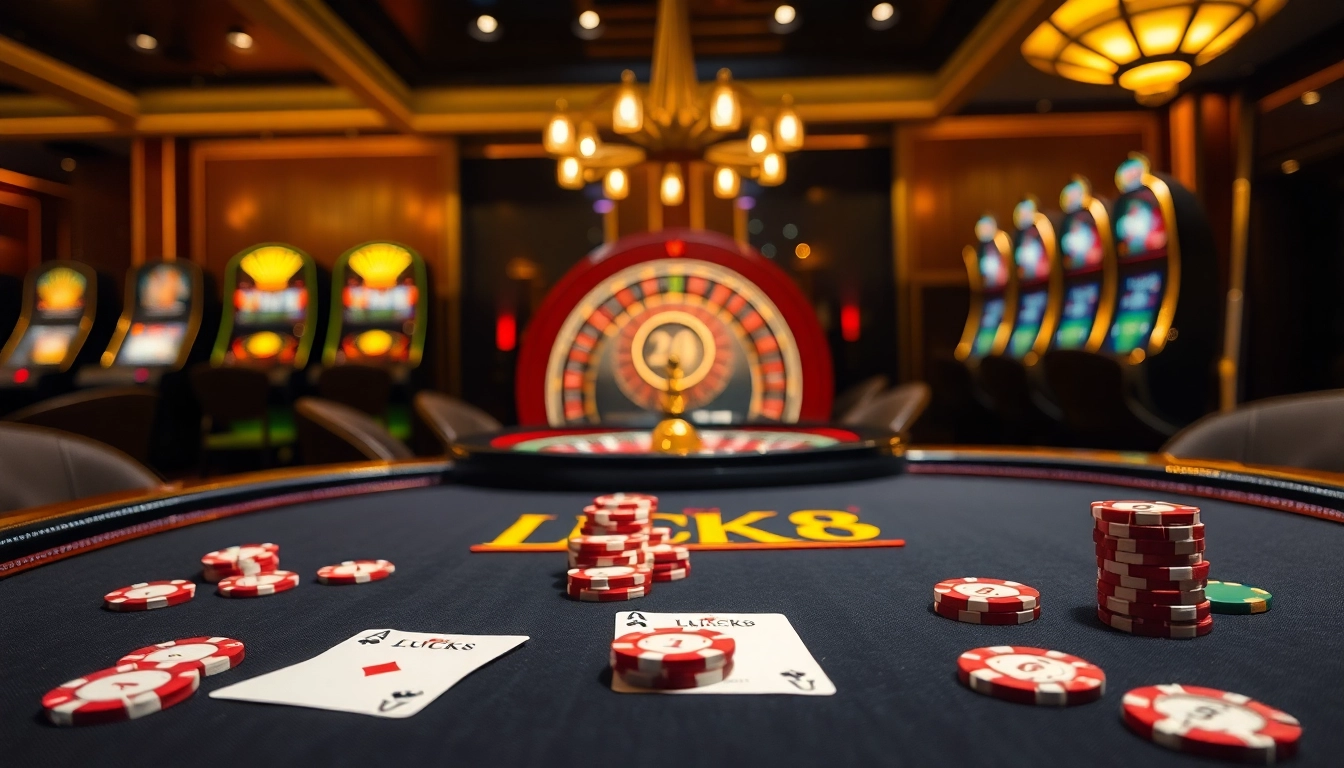 Experience thrilling LUCK8 casino action with vibrant poker chips and elegant gaming tables.
