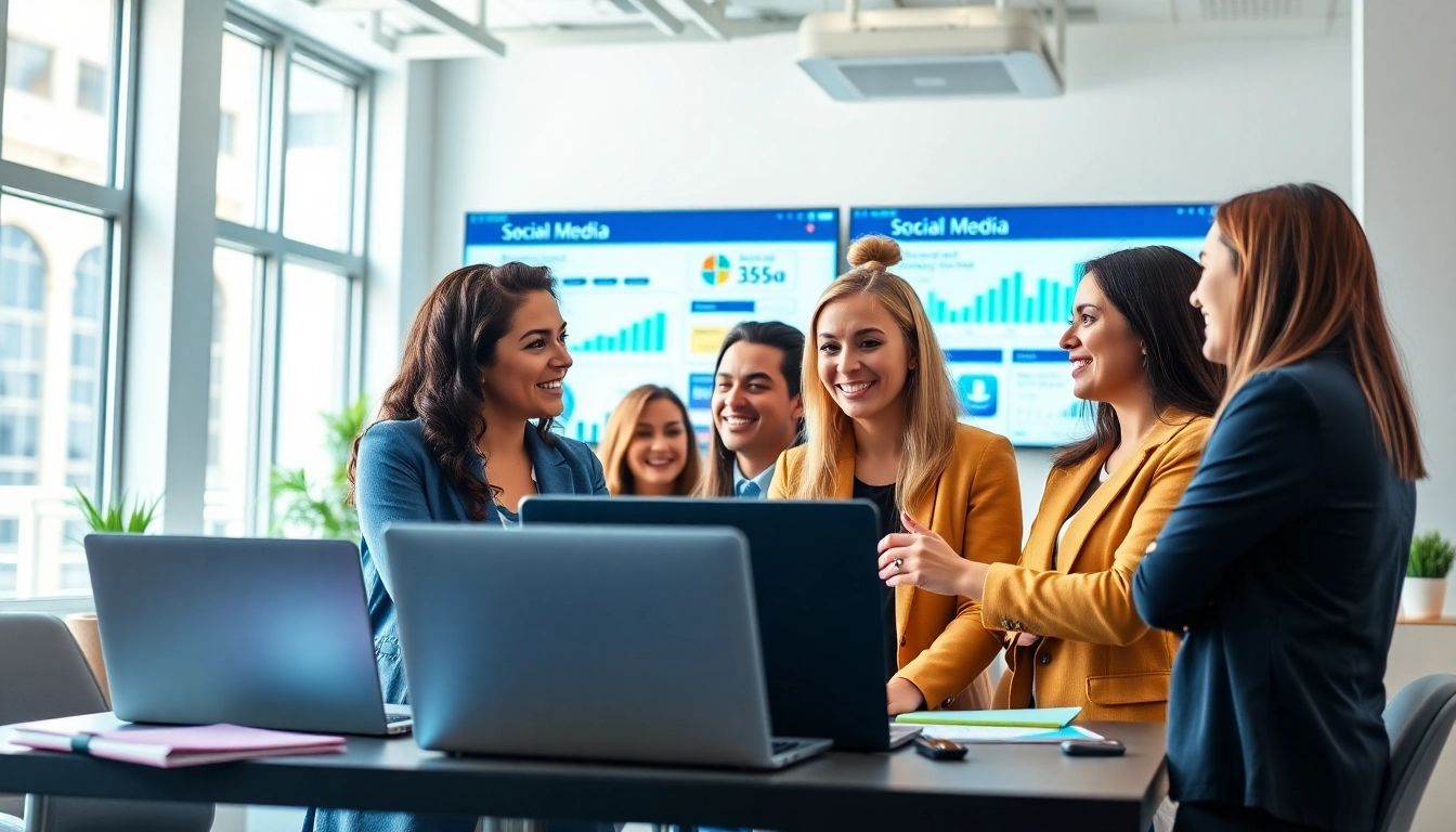 Enhancing edmonton social media marketing strategies through collaborative teamwork in a vibrant office.