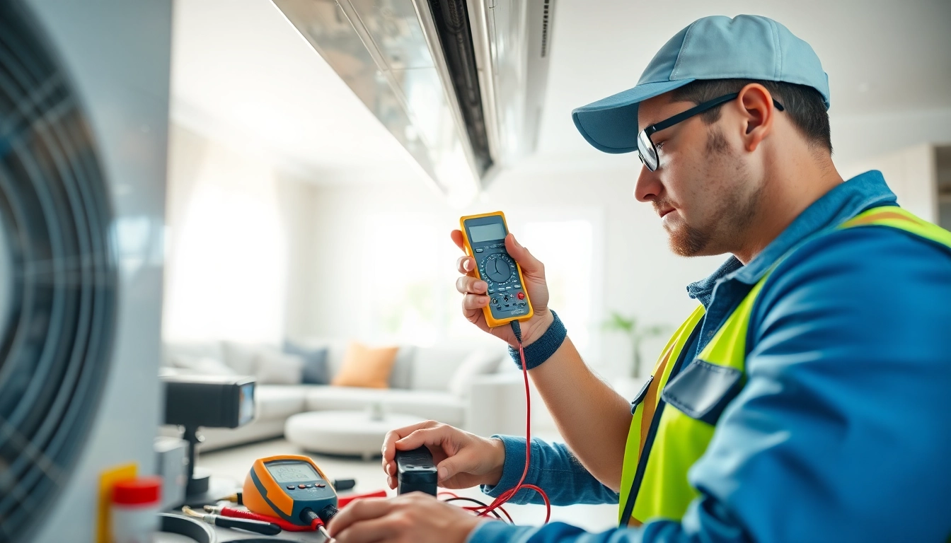 Technician performing emergency HVAC repair on a residential air conditioning system.
