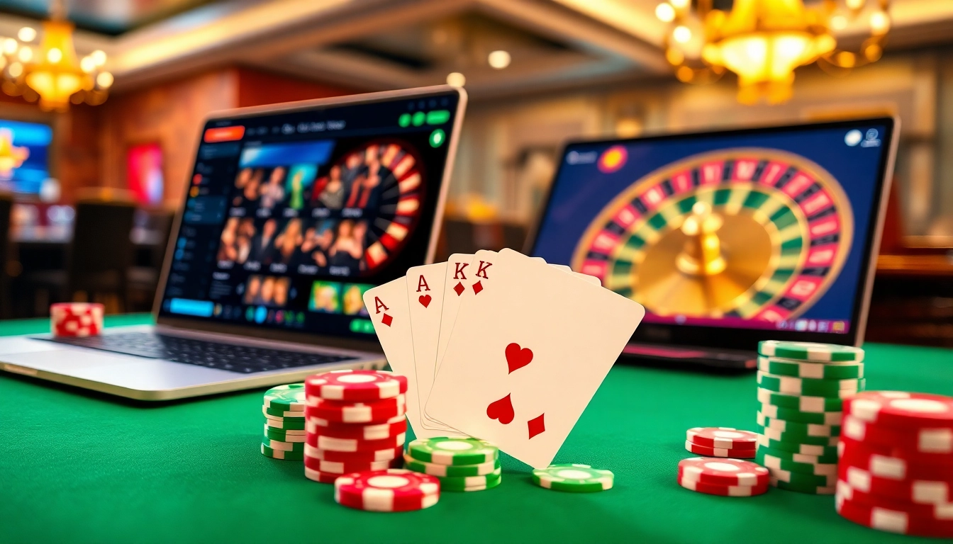 Découvrez le frisson du casino en ligne avec des jeux vibrants, des jetons de poker et l'action de la roulette.