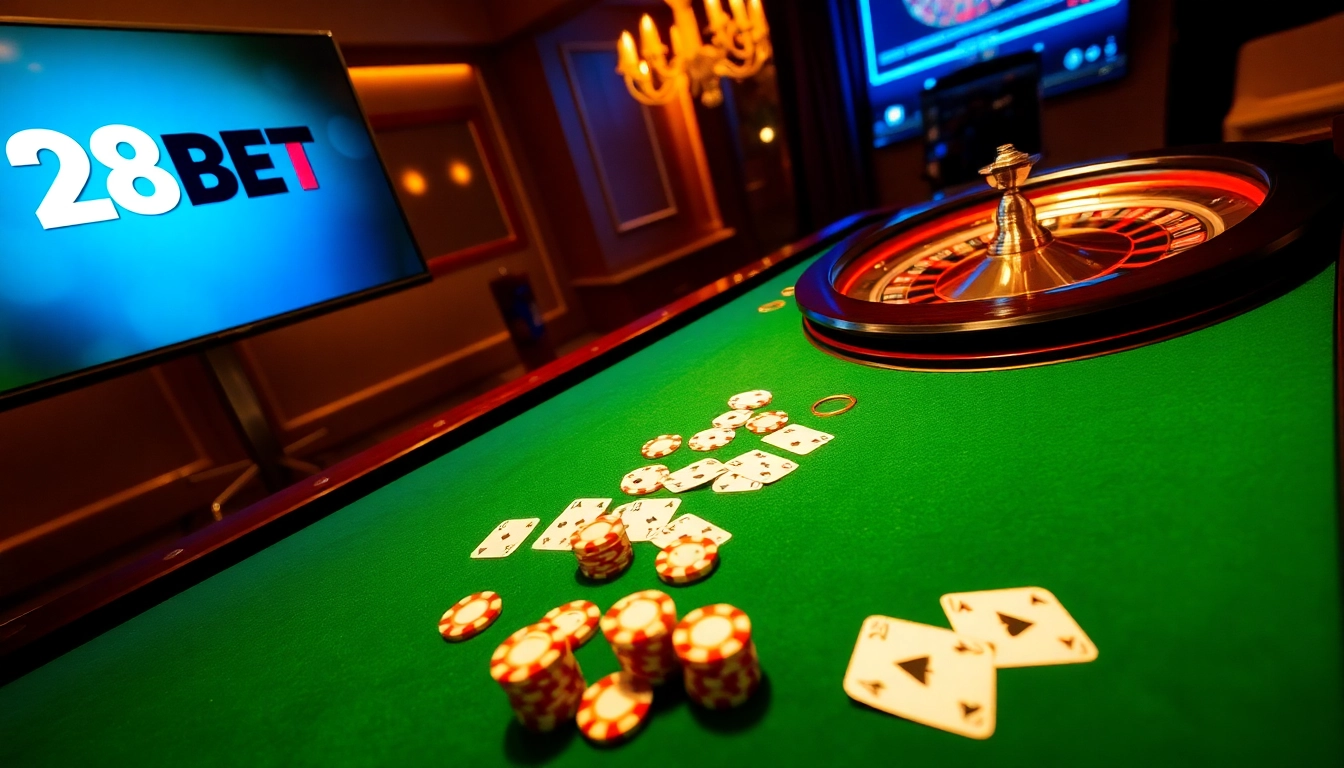 Engaging gambling scene showcasing 28BET poker chips and roulette wheel, highlighting online gaming excitement.