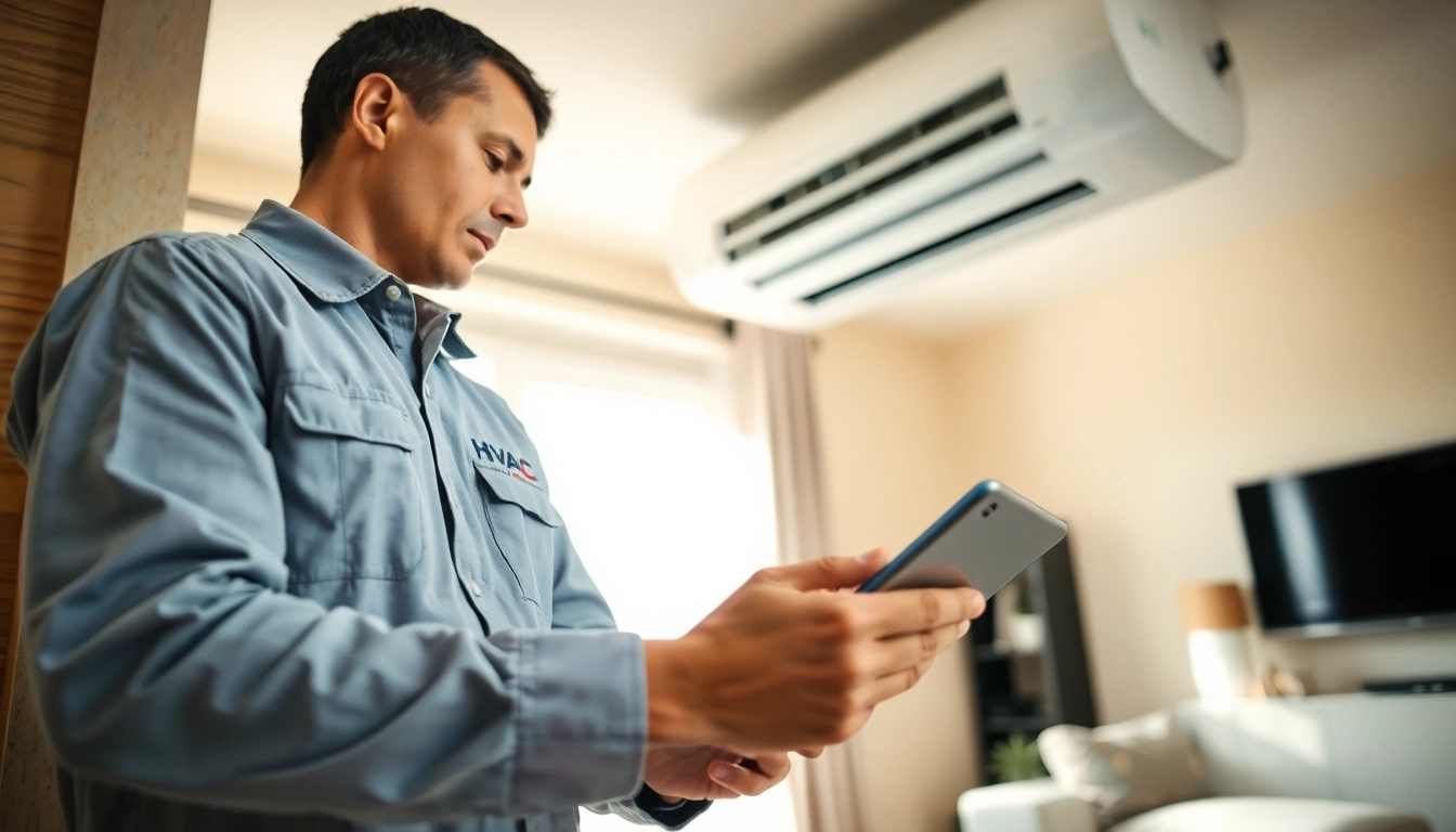 Technician providing hvac services minneapolis during an inspection in a stylish home.