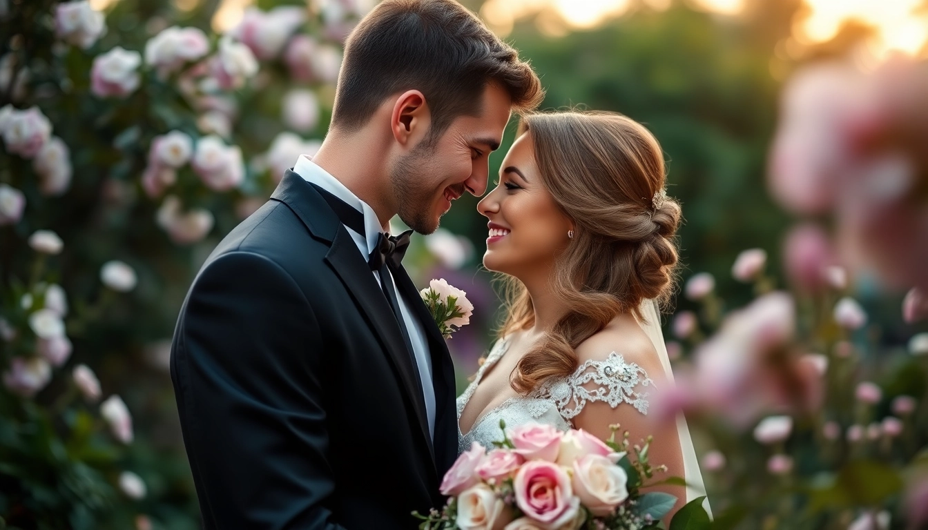 Wedding photographer documenting a couple's love in a serene garden setting filled with vibrant flowers.