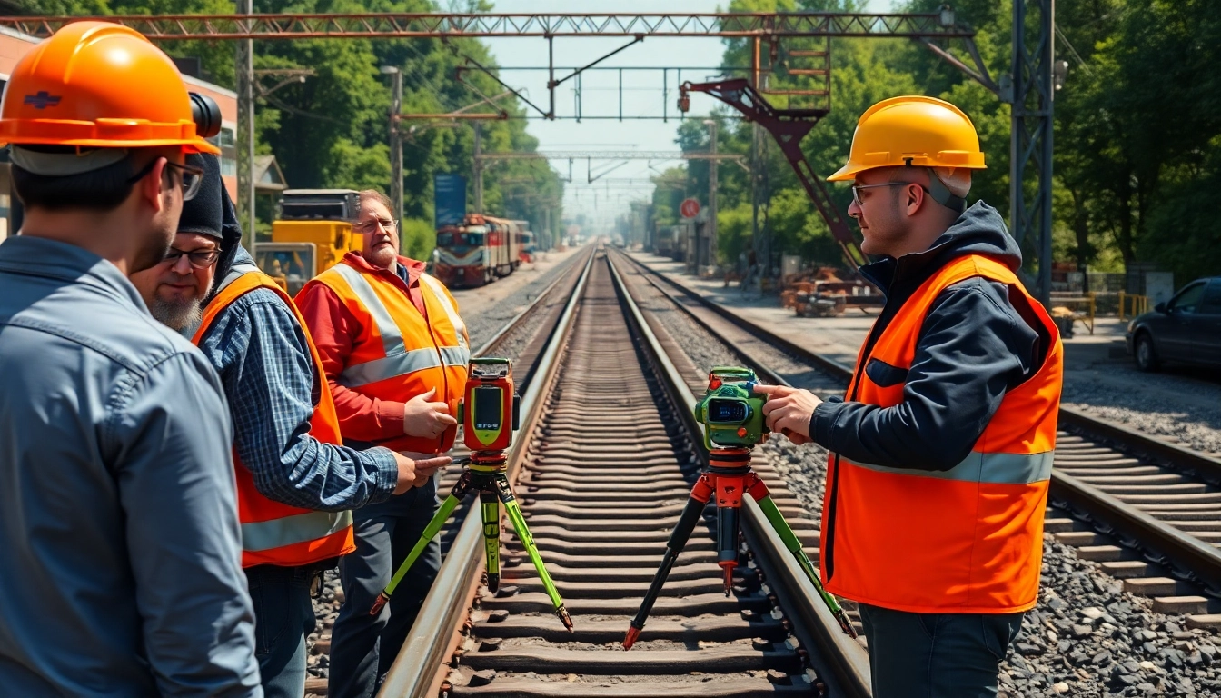 Railroad Contractors Near Me measure tracks in a busy train yard amidst safe practices.