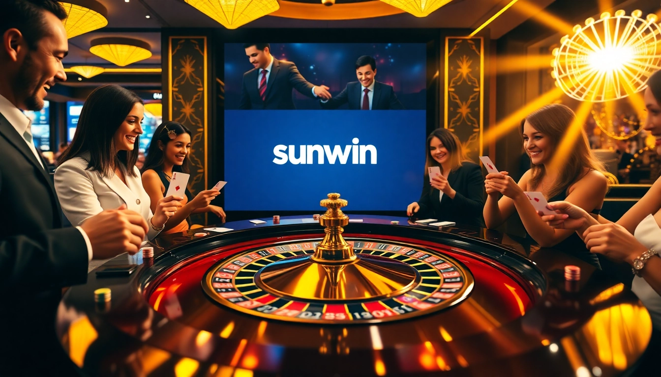 Cheerful players at a luxurious roulette table enjoy sunwin's exciting casino experience.