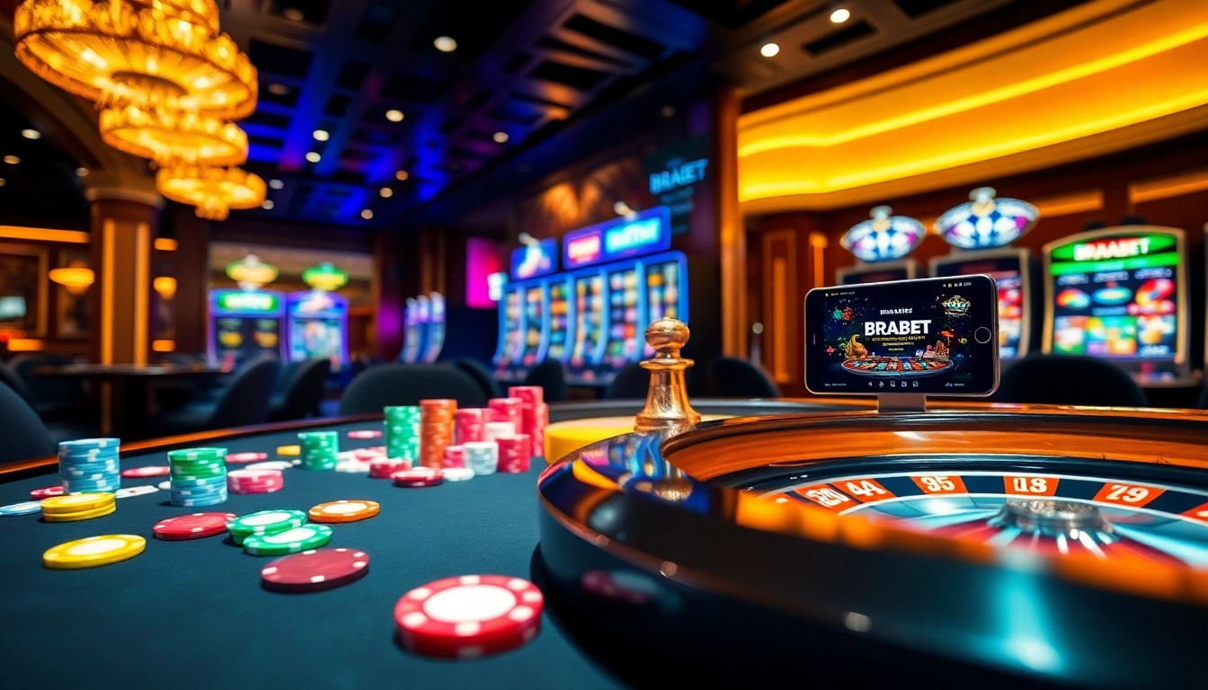 Engage with BRABET's exciting casino games at a vibrant gambling table filled with action.