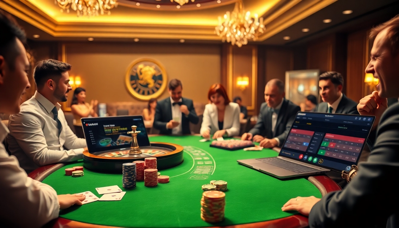 Engaging scene of gamblers at a casino table, showcasing the thrilling experience at https://luck882.co.com/ while playing.