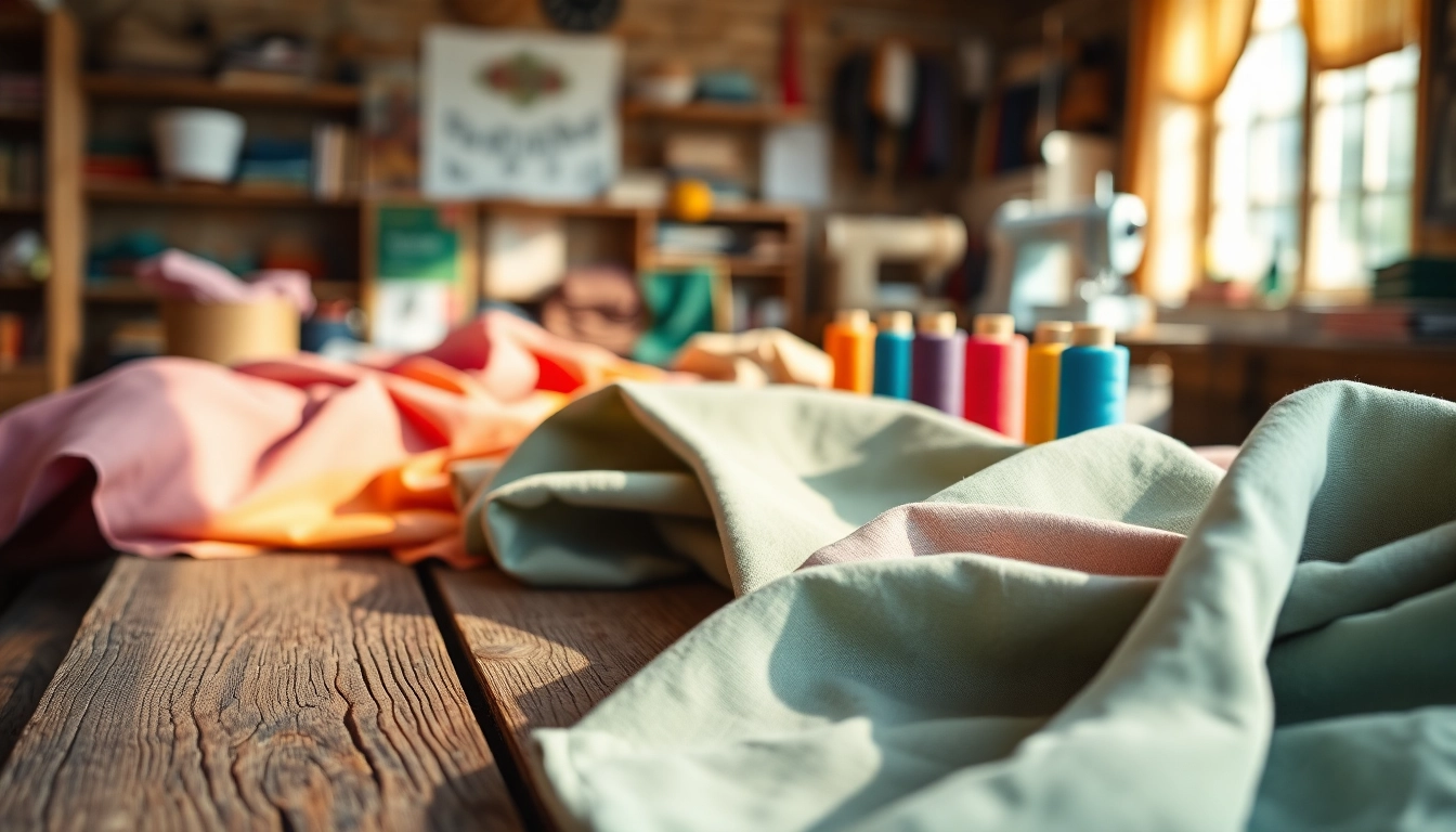 Katoen stof voor kleding met kleurige stoffen en naaigereedschap.