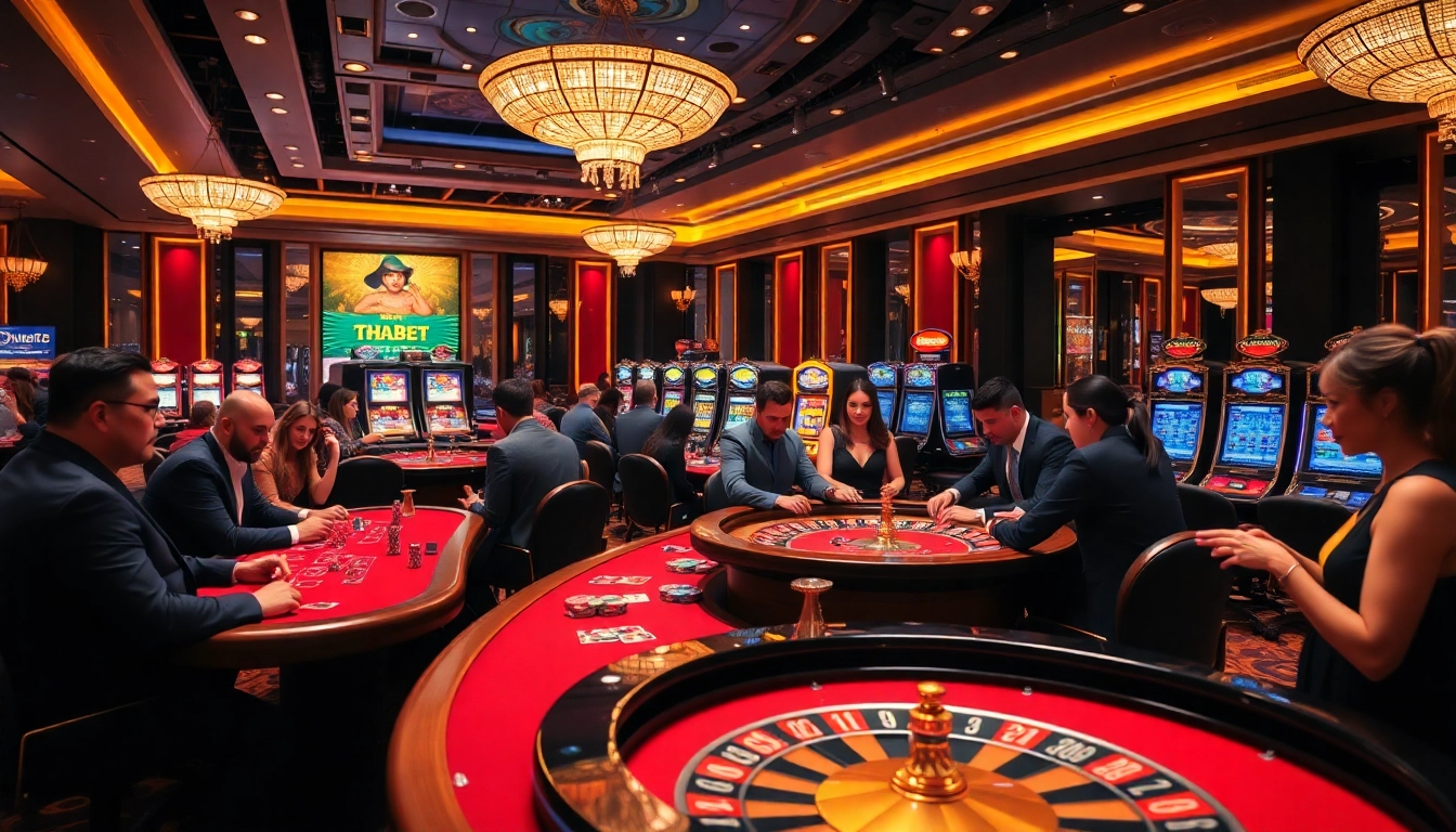 Players enjoying poker games at the vibrant THABET casino, showcasing excitement and luxury.