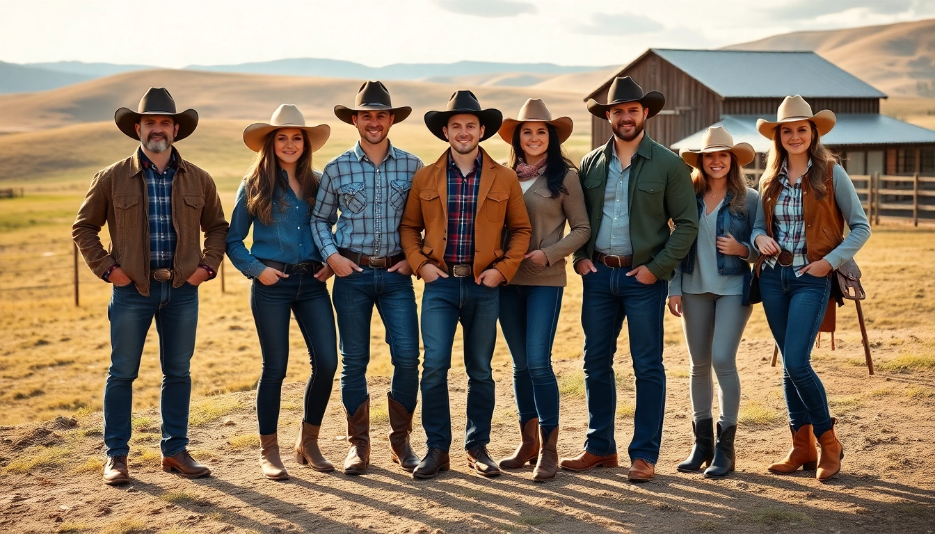Modeling stylish ranch wear Canada amidst a scenic landscape, showcasing rural lifestyle.