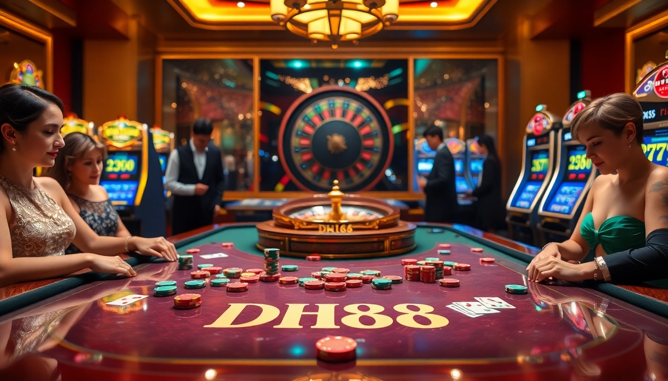 Players enjoying high-stakes action at a luxurious DH88 casino table, surrounded by vibrant gaming elements.
