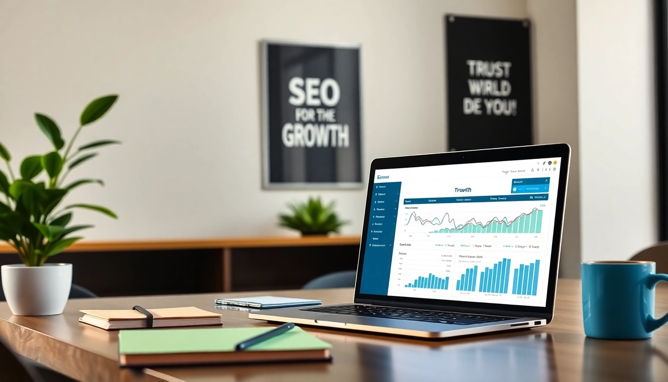 View of an SEO Rank Tracker interface highlighting analytics in a modern office.