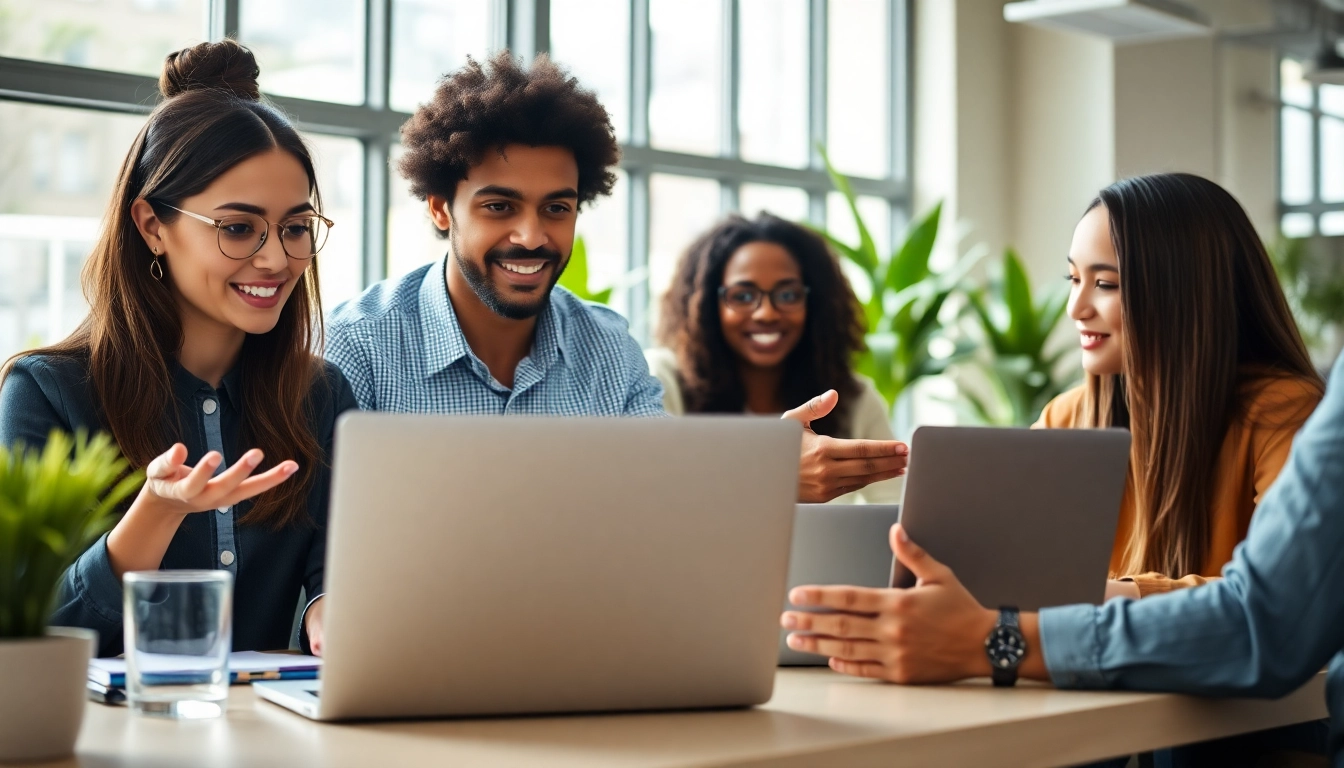 Engaged professionals discussing remote quality assurance jobs in a bright, modern office.