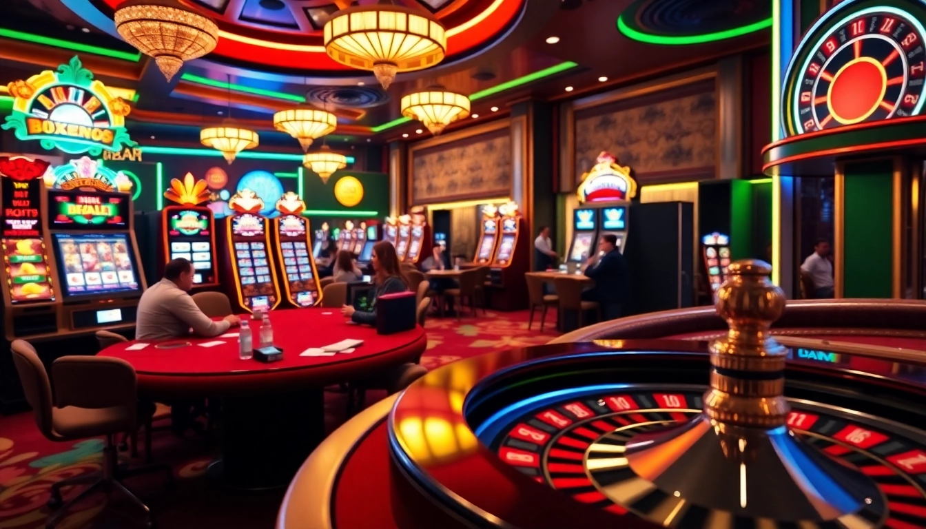 Atmosphère excitante de casino en ligne mettant en avant le poker, les machines à sous et les actions de roulette.
