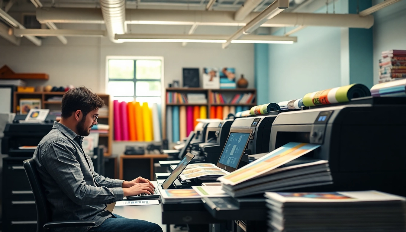Visit a print shop edmonton featuring vibrant printing materials and dynamic workspace.
