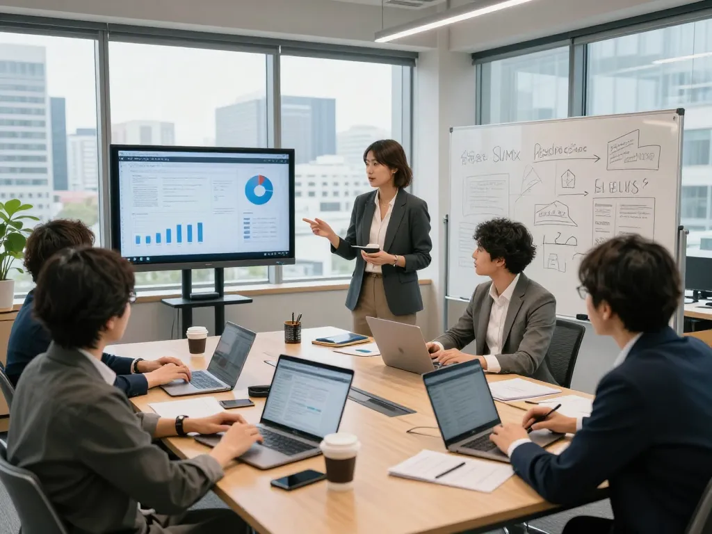 現代的なオフィスで戦略をブレインストーミングする合同会社SUMXの専門家たち。