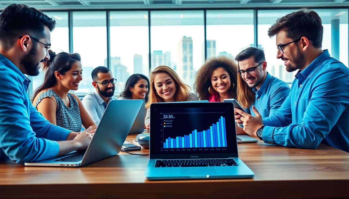 Engaging social media marketing Edmonton team in a vibrant office collaborating on strategy.