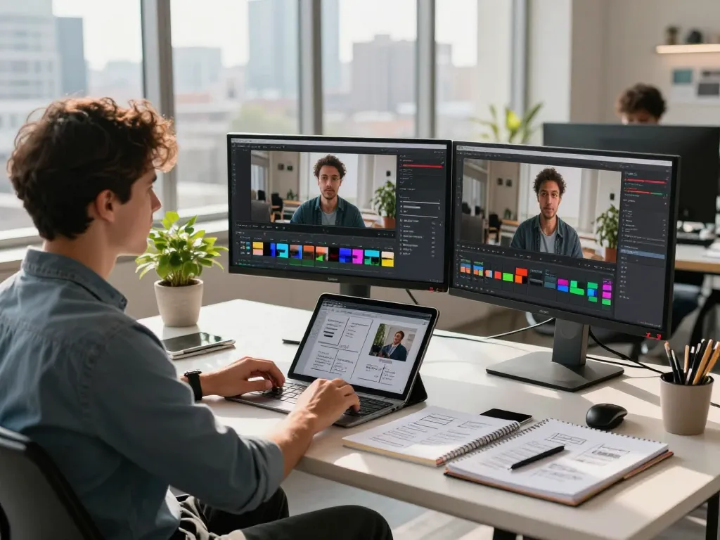 Professional analyzing video to prompt data on dual monitors in modern workspace.