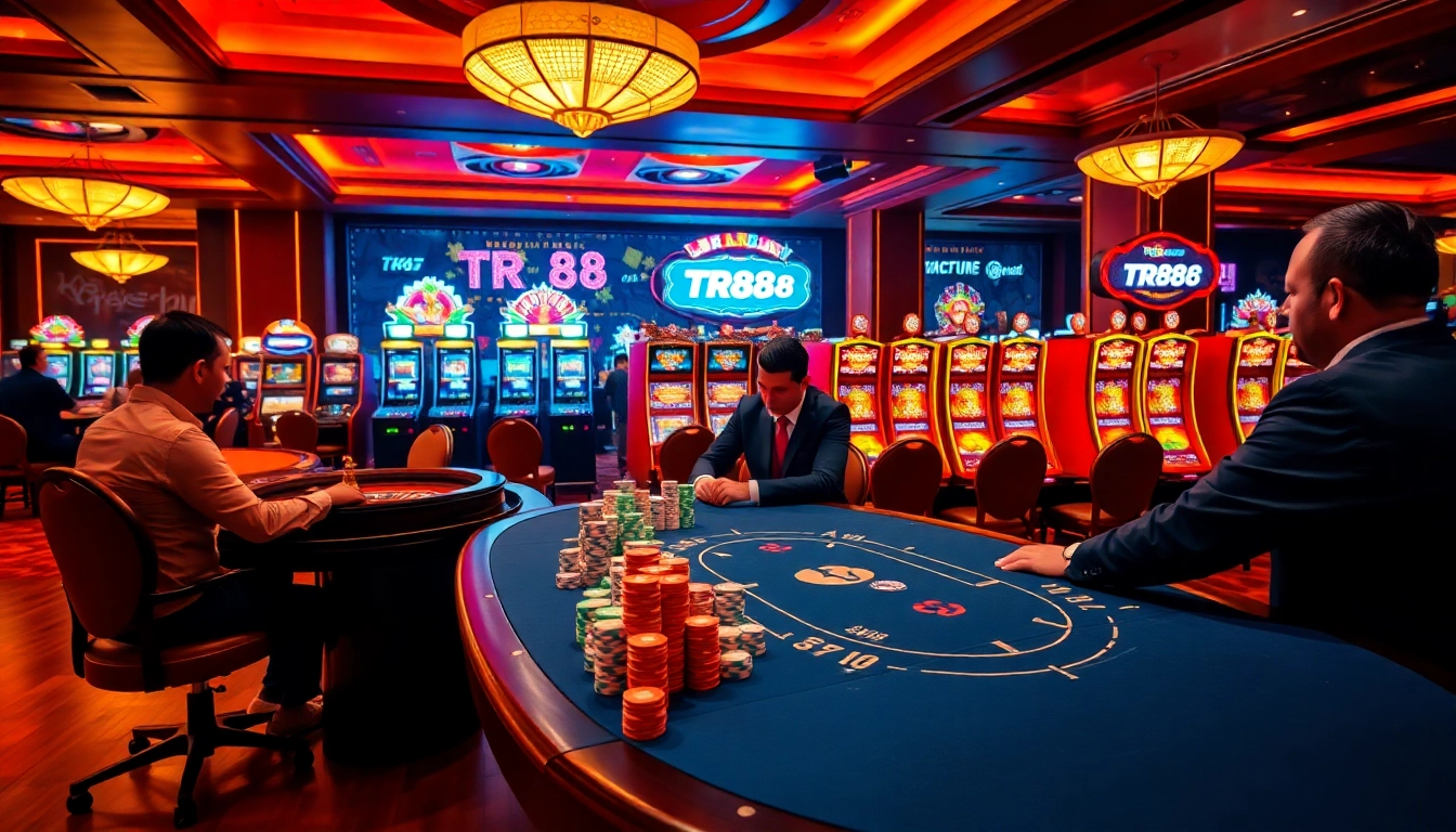 Players engaging in thrilling poker gameplay at TR88 casino, surrounded by vibrant slot machines.