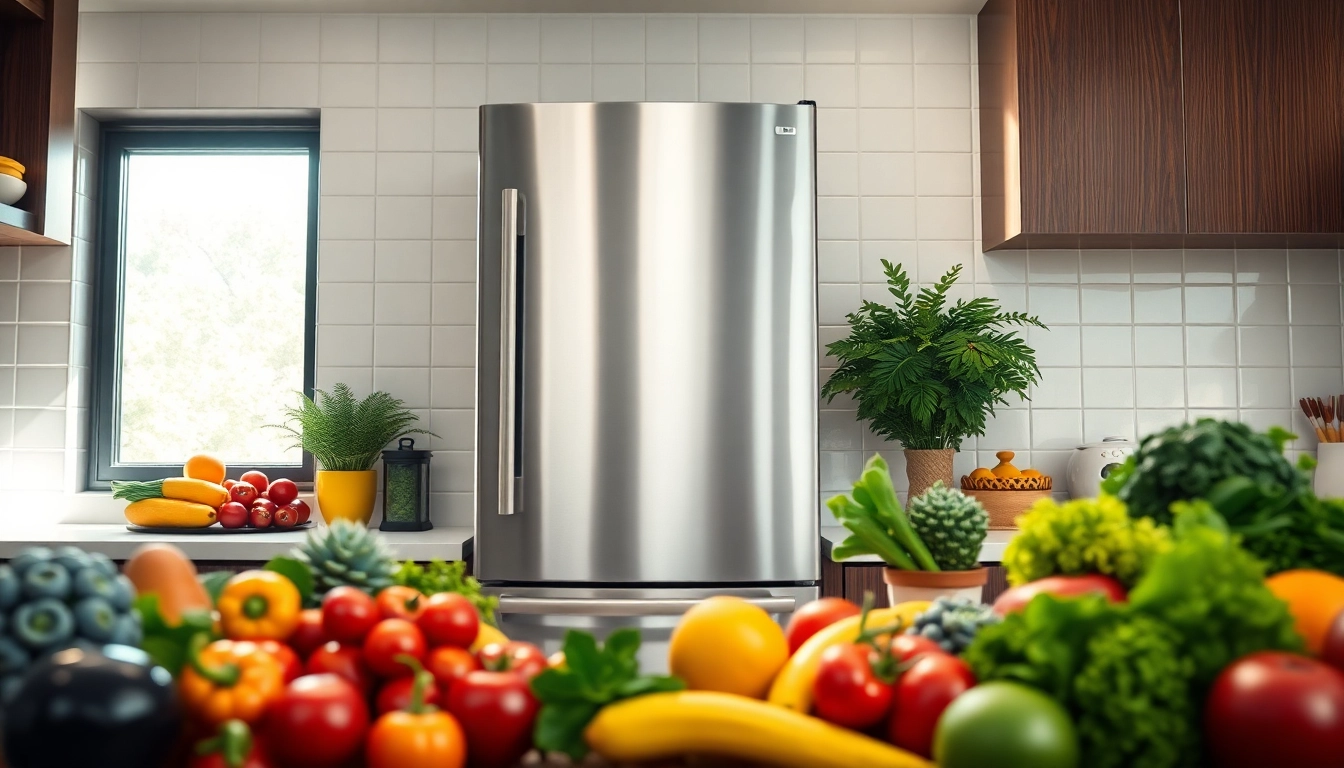 Showcase of a modern Refrigerator filled with fresh produce in a bright kitchen.