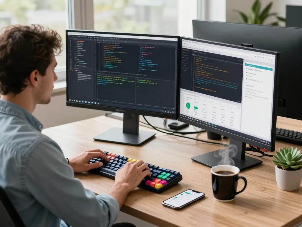 Developer using谷歌浏览器 in a modern workspace with dual monitors and coding tools, creating a productive tech atmosphere.