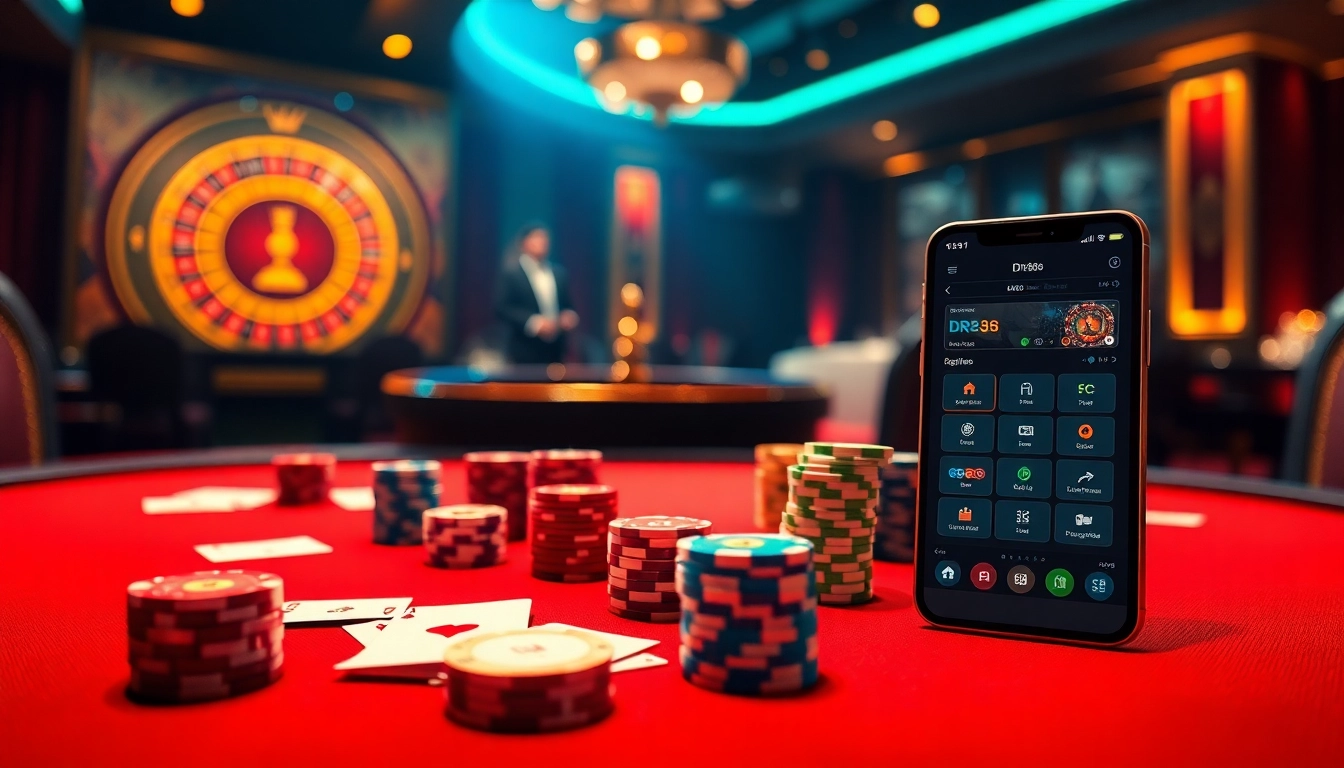 Engage with the dynamic DR88 app at a luxurious poker table, showcasing a thrilling gambling experience.