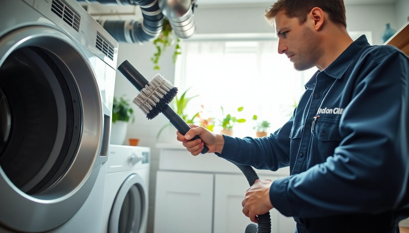 Dryer Vent Cleaning by a professional technician ensuring safe and efficient airflow in a residential laundry setting.