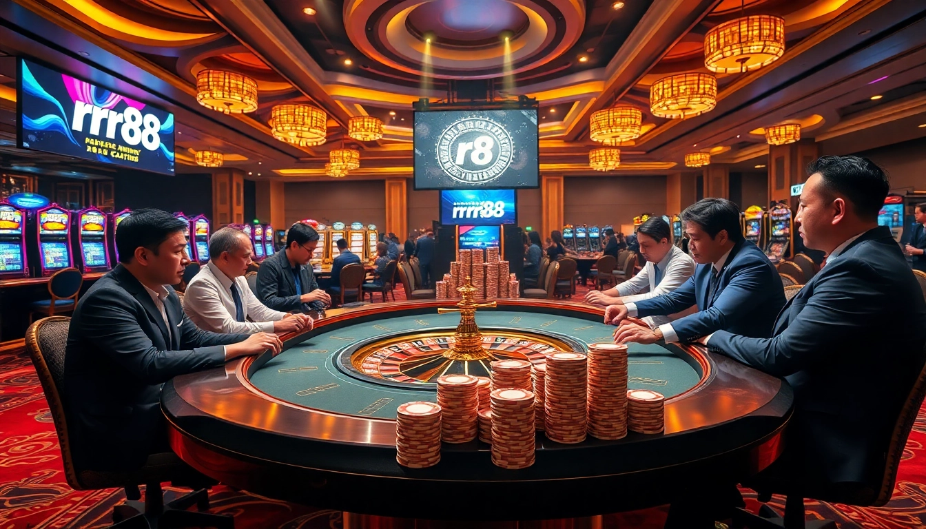 Experience high-stakes gambling with rr88 at an exciting casino scene featuring roulette tables and poker players.