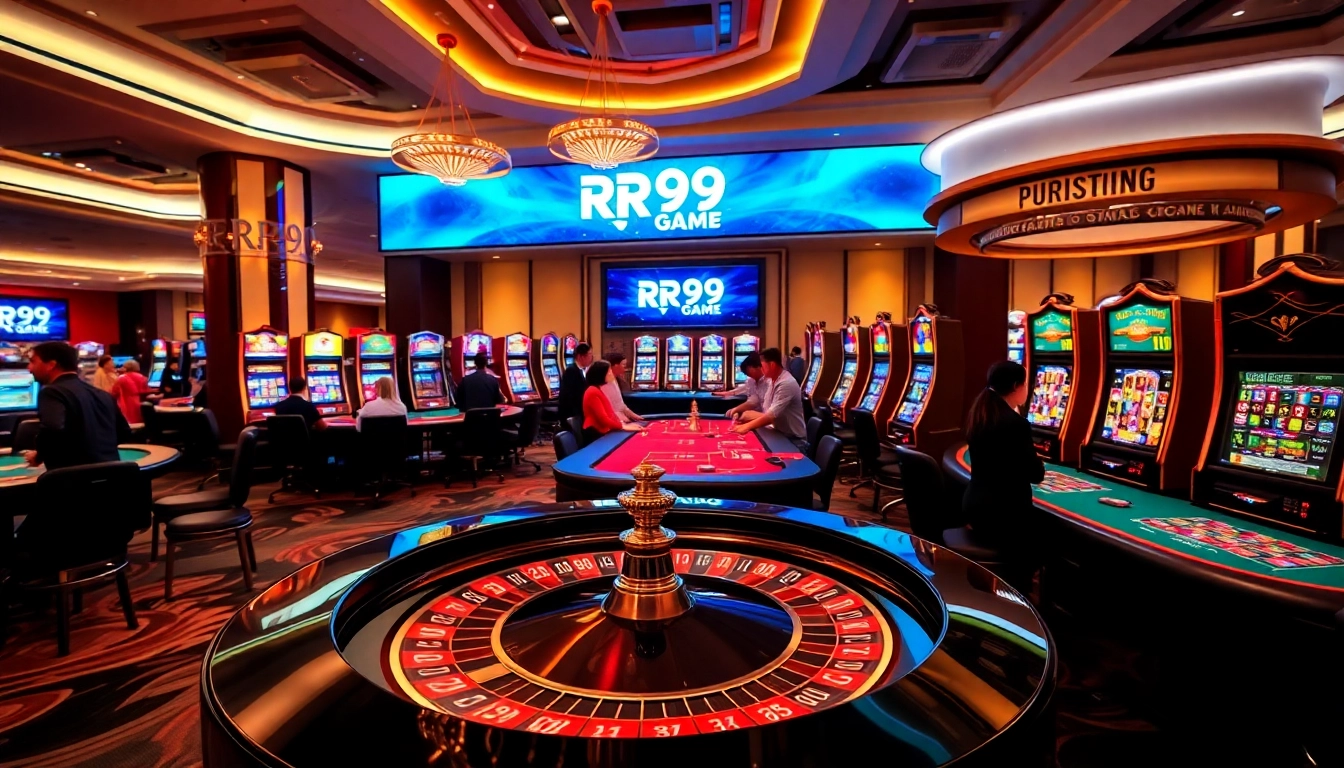 Experience the thrill of RR99 game with an exciting casino scene featuring roulette, poker, and slots.