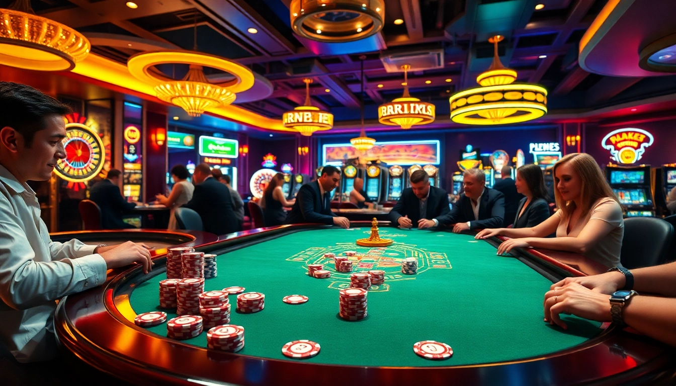 Excited players enjoy the thrilling ambiance of thabet casino with poker chips and vibrant games.