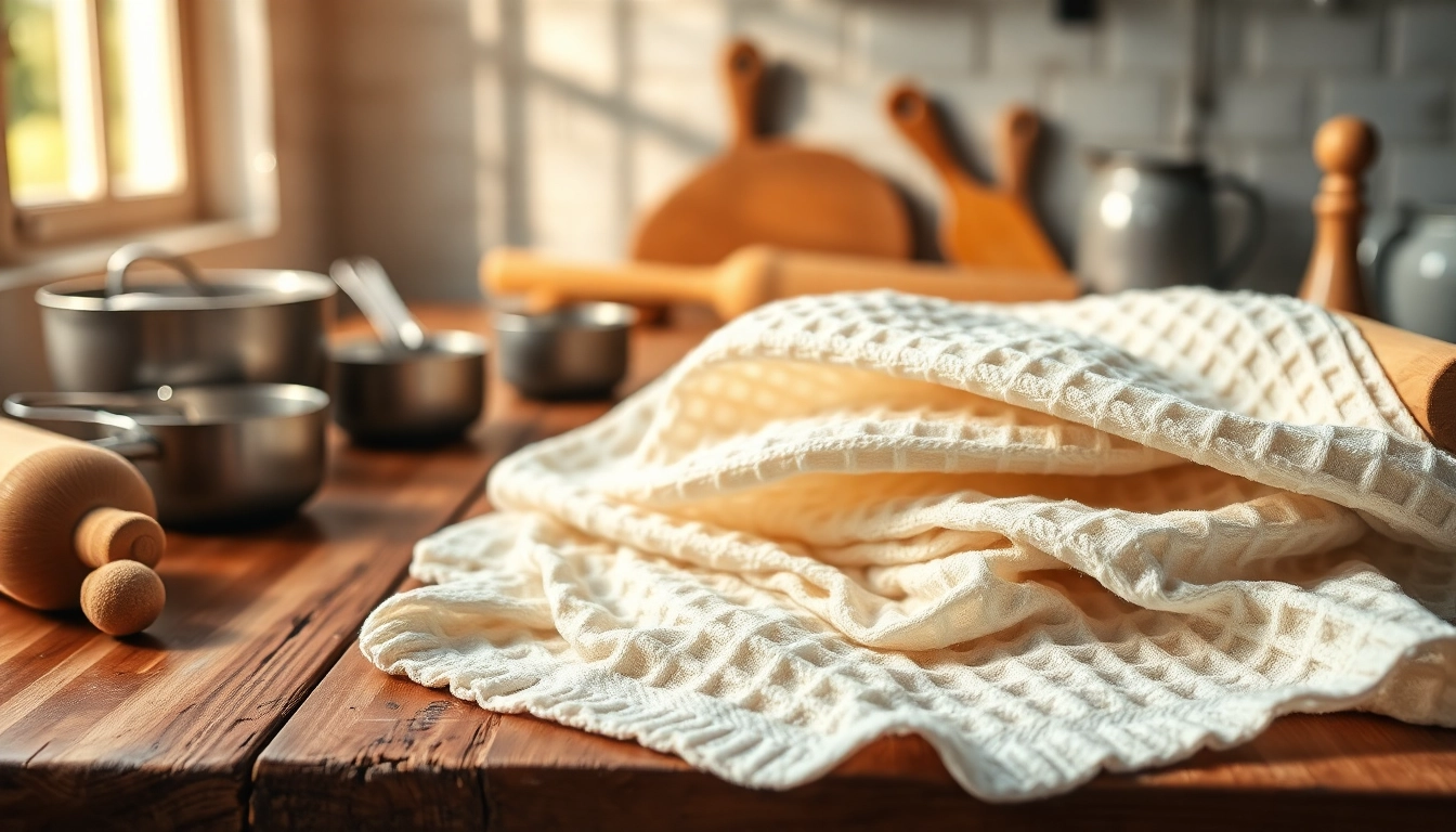 Wafeldoek met unieke textuur en details op een houten tafel met bakgereedschap.