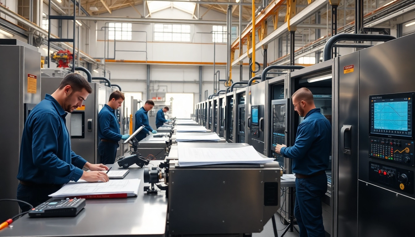 Workers innovating at fab tech Industries inc with advanced machines and tools in a bright workshop.